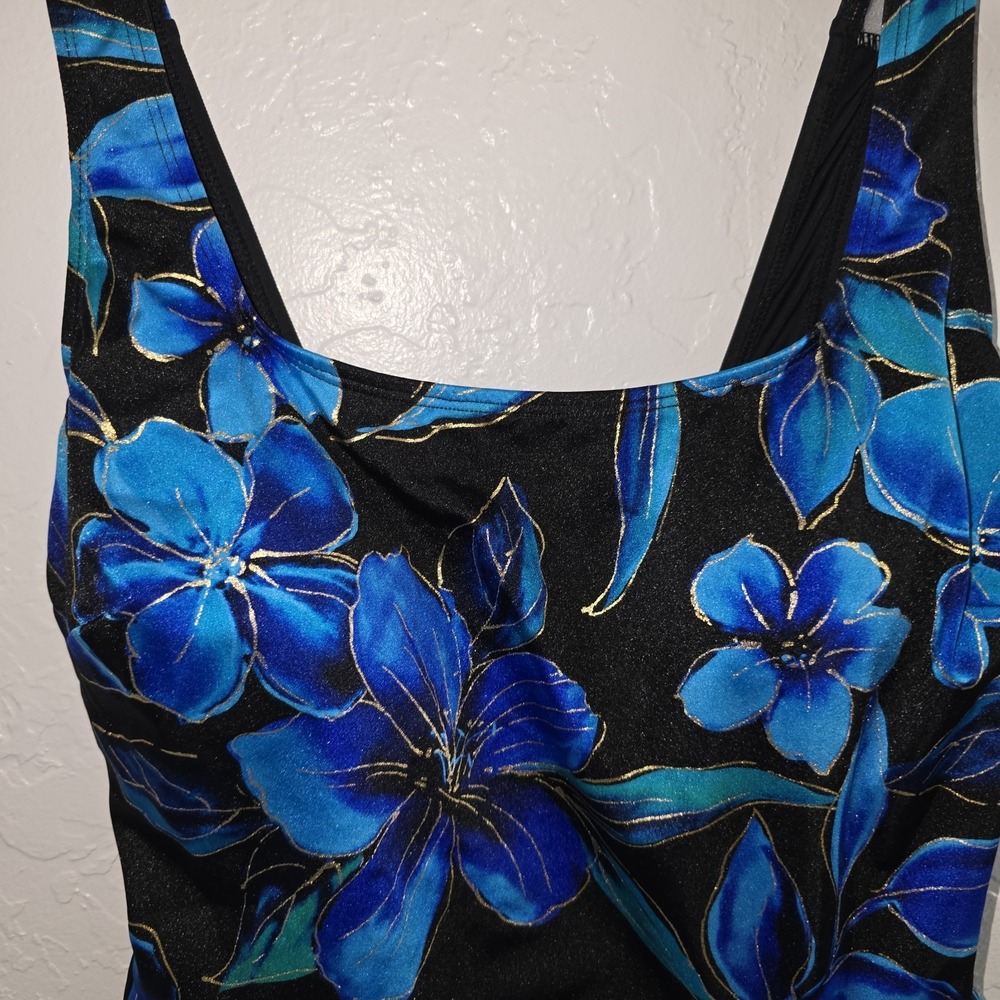 Great Lengths Swimsuit 10 One Piece Lined Shelf Bra Blue Black Gold Floral - Picture 2 of 7